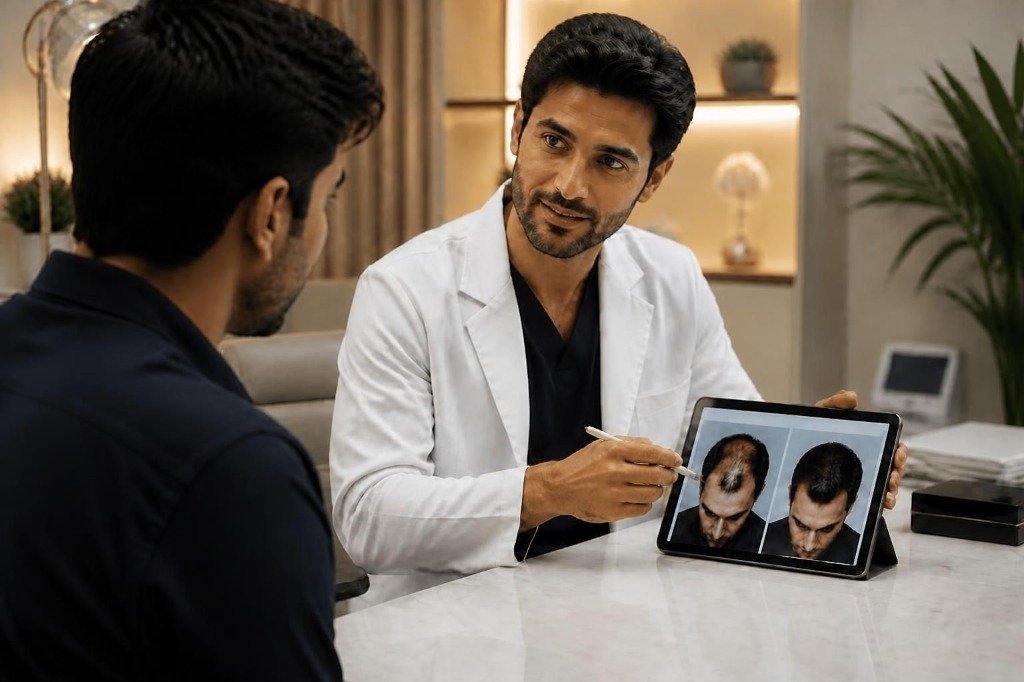 Hair Art doctor reviewing hair transplant before and after results on digital tablet with patient during consultation