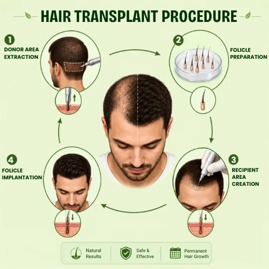 Hair Transplant Procedure: 1. Donor Area Extraction, 2. Follicle Preparation, 3. Recipient Area Creation, 4. Follicle Implantation
